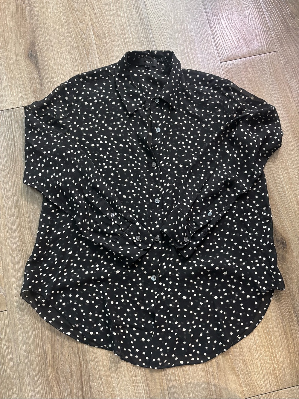 Theory Black Button-Up Blouse with White Dot Print